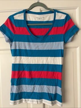Tommy Hilfiger Blue, Light Blue, White & Fuchsia Striped V-Neck Tee